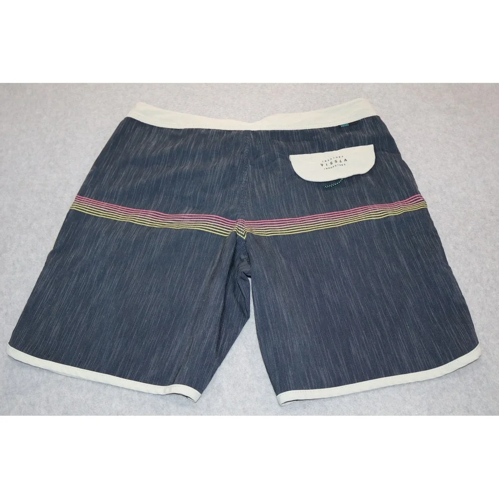 Vissla Board Shorts Mens 34 Blue Striped Upcycled Poly Cotton Stretch Surf Swim